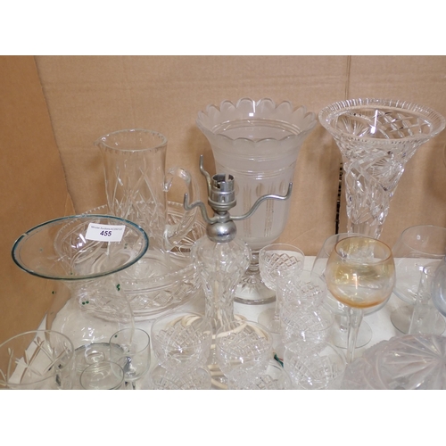 455 - A collection of glass including Table Lamp, Vases, blue glass Suite, Bowls and Drinking Glasses