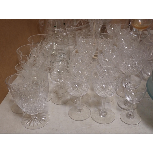 455 - A collection of glass including Table Lamp, Vases, blue glass Suite, Bowls and Drinking Glasses