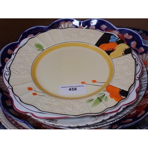 458 - Three assorted Meat Plates, an Imari Dish, a Dresden type Chamberstick, various Plates, etc.