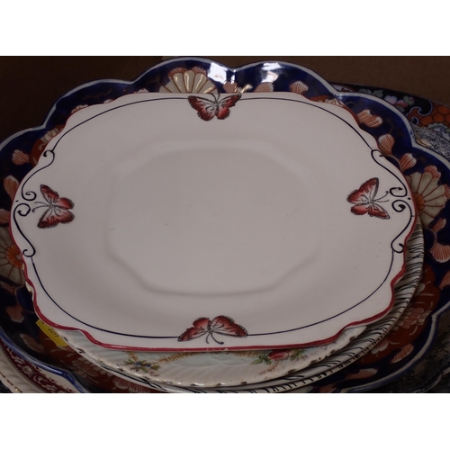 458 - Three assorted Meat Plates, an Imari Dish, a Dresden type Chamberstick, various Plates, etc.