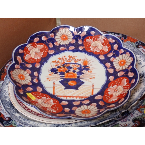 458 - Three assorted Meat Plates, an Imari Dish, a Dresden type Chamberstick, various Plates, etc.