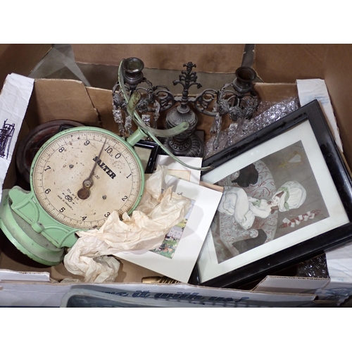 474 - Three boxes of assorted items including Scales, Candelabra, Warming Pans, etc.