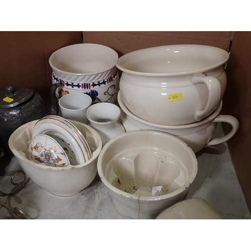 475 - Two Jelly Moulds A/F, stoneware Hot Water Bottle, Doulton Jug, etc.