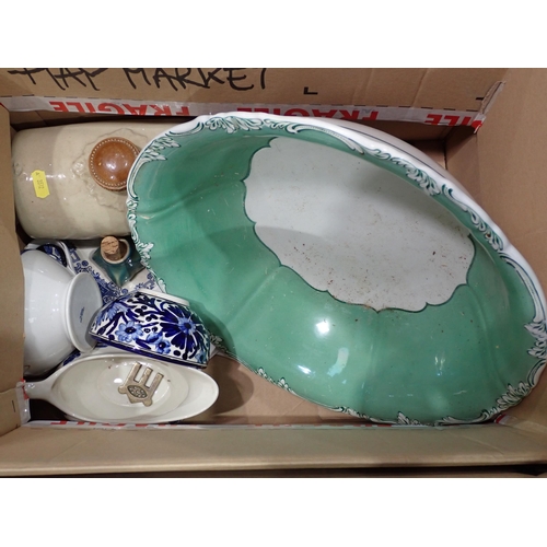 478 - Three boxes of ceramics including Hot Water Bottle, Poole Bowl, Wash Bowl, etc.