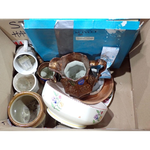 478 - Three boxes of ceramics including Hot Water Bottle, Poole Bowl, Wash Bowl, etc.