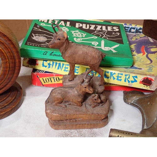 479 - A brass Trivet Stand, two wooden Clock Cases, Horse Brasses, two brass Taps, metal figure of a horse... 