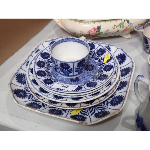 488 - Three Minton blue and white Saucers, two Tea Cups, two Side Plates and an oblong Dish, two other Tur... 