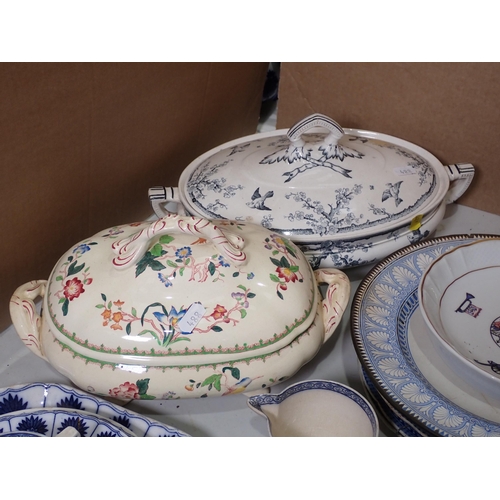 488 - Three Minton blue and white Saucers, two Tea Cups, two Side Plates and an oblong Dish, two other Tur... 