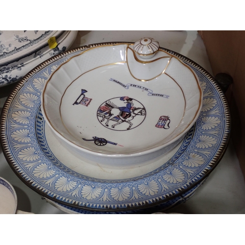 488 - Three Minton blue and white Saucers, two Tea Cups, two Side Plates and an oblong Dish, two other Tur... 