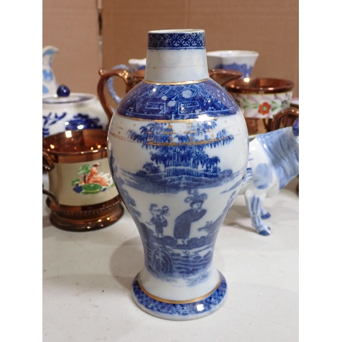 494 - A blue and white baluster Vase with designs of Chinese figures in landscape A/F, Masons Jug, other J... 