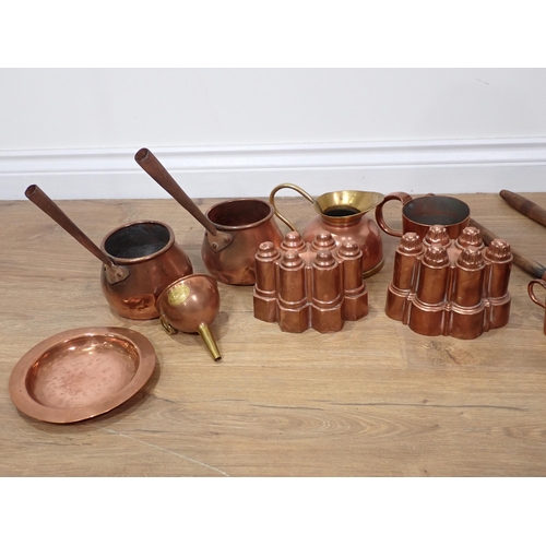 51 - Two antique copper Jelly Moulds, two Skimmers, two Cooking Pots, 1 Pint Measuring Tankard, Funnel, J... 