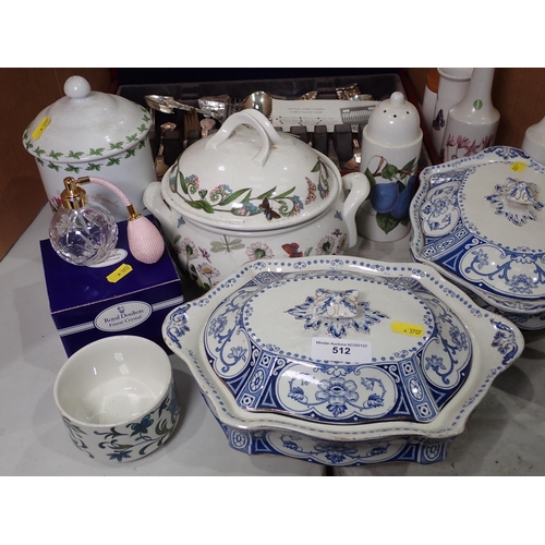 512 - A Canteen of Cutlery, Portmerion Tureen, Storage Jar, two Vinegar Bottles, two blue and white Tureen... 