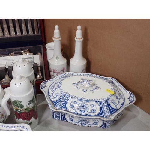 512 - A Canteen of Cutlery, Portmerion Tureen, Storage Jar, two Vinegar Bottles, two blue and white Tureen... 