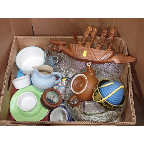 514 - Two boxes including Prinz Slide Projector, glass Bowls, tribal boat Carving, etc.