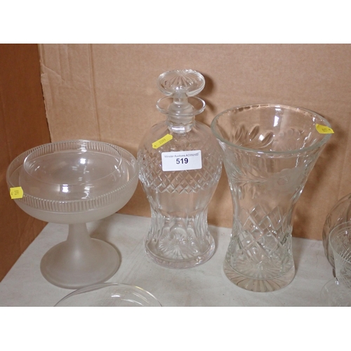 519 - A collection of glass including Decanter, Vase, yellow glass Bowl, two yellow glass Vases, Finger Bo... 