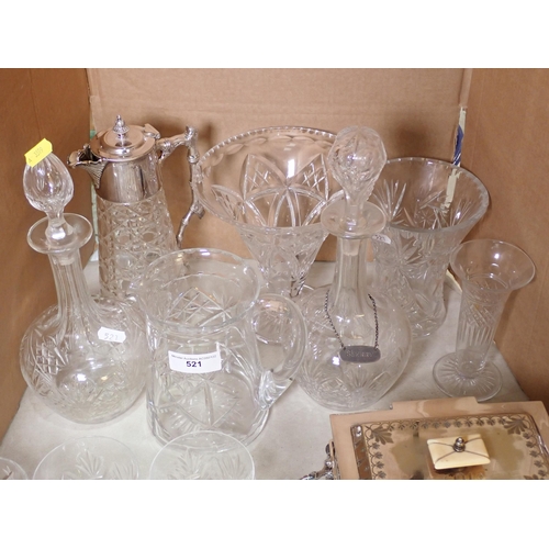 521 - Two cut glass Decanters, three Vases, Ewer, Jug, lidded Caddy, various Drinking Glasses