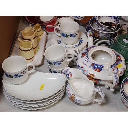 525 - Various Tea wares, Figurines, green glazed Preserve Jars, Jugs, etc.