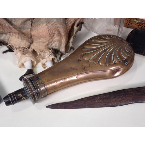 531 - A Powder Flask by James Dixon & Sons A/F, pair of Glove Stretchers, Buddha Head, copper Kettle, two ... 