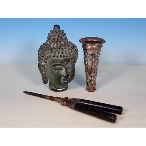 531 - A Powder Flask by James Dixon & Sons A/F, pair of Glove Stretchers, Buddha Head, copper Kettle, two ... 