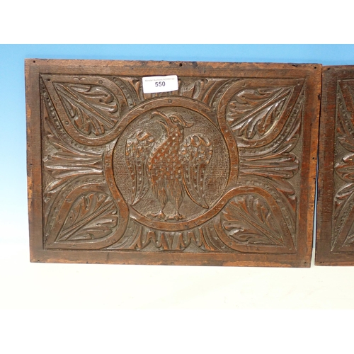 550 - A pair of 17th Century oak Panels carved with eagles surrounded by leafage border 1ft 3 1/2in W x 11... 