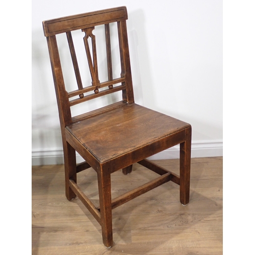 589 - A set of six 19th Century Fruitwood Dining Chairs with solid seats and ebonised stringing mounted on... 