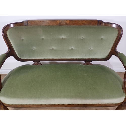 595 - An Aesthetic style walnut and ebony strung Sofa with green button upholstery 4ft 6in W x 3ft 1in H