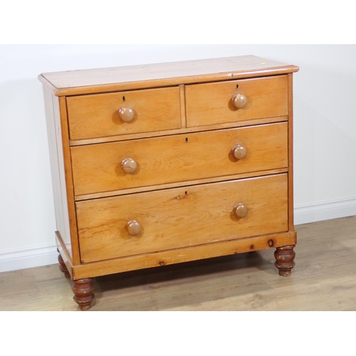 605 - A Victorian pine Chest of two short and two long drawers on turned supports 3ft 3in W x 3ft H