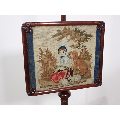 624 - A 19th Century rosewood Pole Screen with embroidery of a girl 4ft 8in H