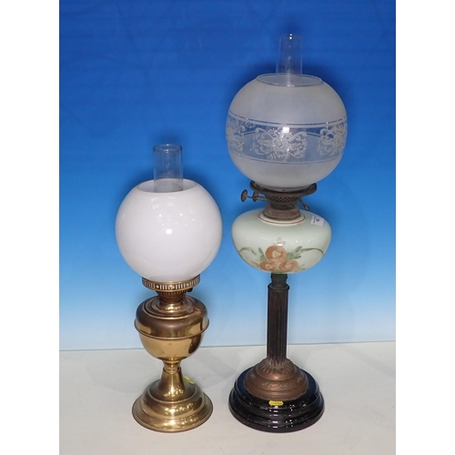 642 - A Victorian brass Oil Lamp with opaque glass reservoir on brass column and a brass Oil Lamp