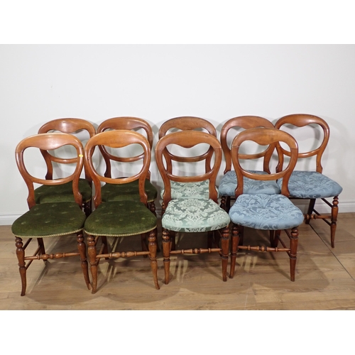 645 - A set of nine Victorian mahogany balloon back Chairs with blue and green button upholstered seats