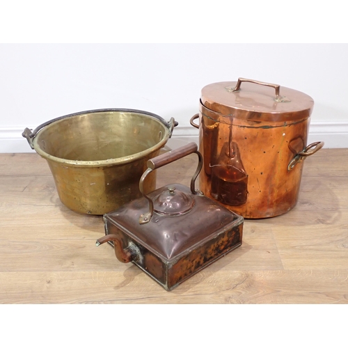 648 - A large antique Jam Pan, a 19th Century copper lidded Urn and a large square Kettle