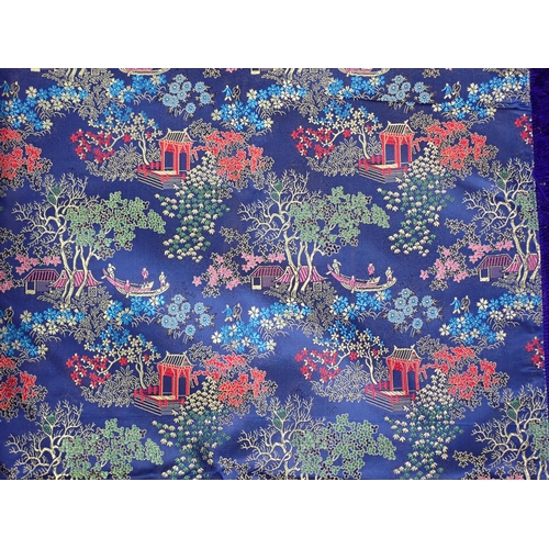 656 - A pair of Japanese silk deep blue Bed Covers with scenes of Pagodas within blossom filled trees 7ft ... 