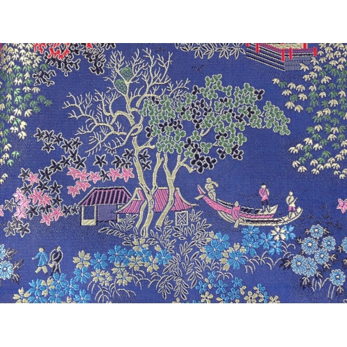 656 - A pair of Japanese silk deep blue Bed Covers with scenes of Pagodas within blossom filled trees 7ft ... 