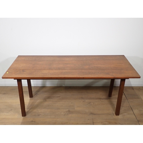 677 - An oak three plank Table with squared supports, 5ft 6in L x 2ft 5in W x 2ft 3in H