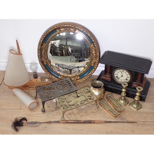 701 - A 20th Century gilt and blue painted Convex Mirror 19in D, a Victorian slate effect architectural Ma... 