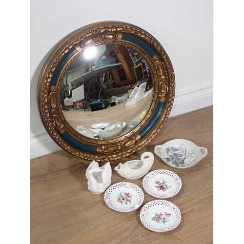 701 - A 20th Century gilt and blue painted Convex Mirror 19in D, a Victorian slate effect architectural Ma... 