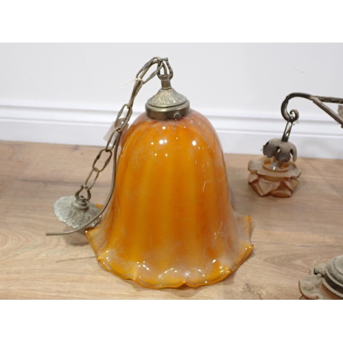 702 - A metal three branch Ceiling Electrolier, an orange glass Light Shade and a blue ceramic Jug