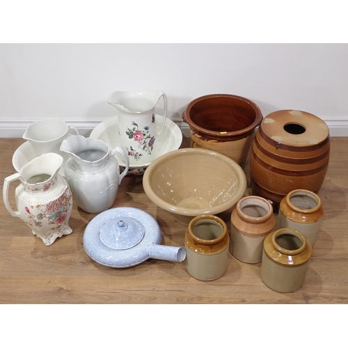 91 - Various ceramic Wash Jugs and Bowls, stoneware Mixing Bowl, Barrel, Jars, etc.