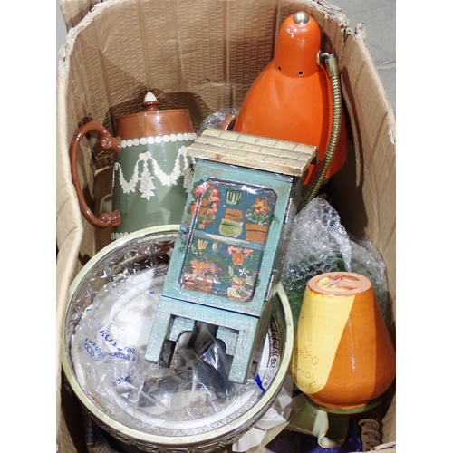 505 - Two boxes including plastic Doll, stoneware Container, Mincer, etc.