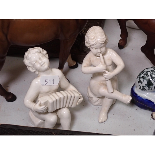 511 - A Victorian Oil Lamp, Diorama, pair of Staffordshire Pen Holders, four Figures and two Beswick Horse... 