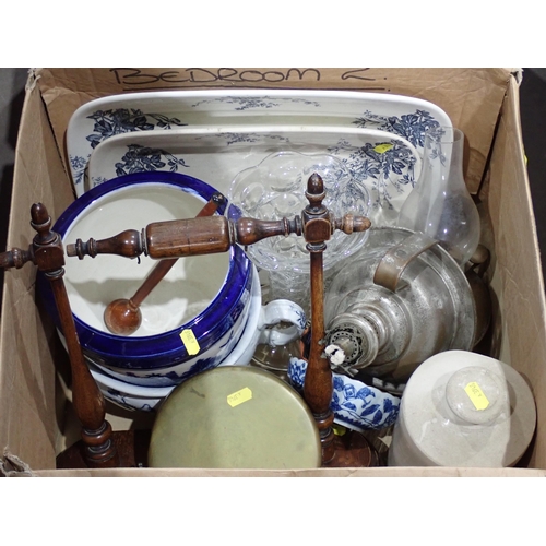 512 - Two boxes including brass Student's Lamp, Oil Lamp, stoneware Jugs, glass Vase, Hot Water Bottle, co... 