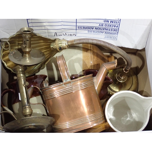 512 - Two boxes including brass Student's Lamp, Oil Lamp, stoneware Jugs, glass Vase, Hot Water Bottle, co... 