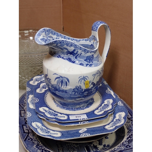 513 - A 19th Century blue and white Meat Plate, Dinner Plates, oblong Dish and Plates, Jug A/F and a Punch... 