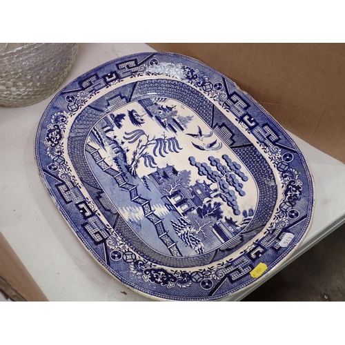 513 - A 19th Century blue and white Meat Plate, Dinner Plates, oblong Dish and Plates, Jug A/F and a Punch... 