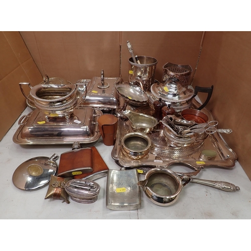 514 - A quantity of plated ware including Wine Coolers, Tea Pot, Tray, Entre Dishes, Hip Flasks, Wine Coas... 