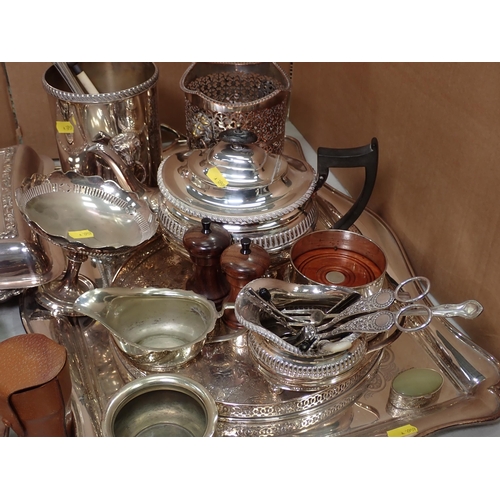 514 - A quantity of plated ware including Wine Coolers, Tea Pot, Tray, Entre Dishes, Hip Flasks, Wine Coas... 