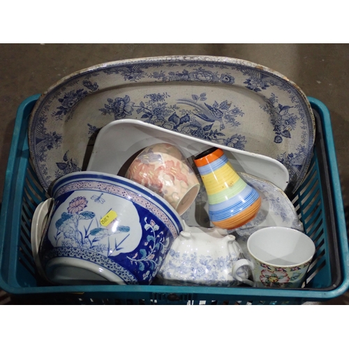 517 - Two boxes of ceramics and glassware including a 19th Century blue and white Meat Plate