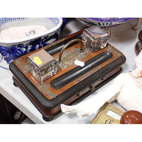 551 - A Victorian Desk Stand with glass inkwells, a brass Blotter and various ceramics including Chinese b... 