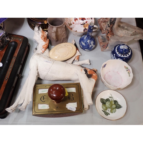 551 - A Victorian Desk Stand with glass inkwells, a brass Blotter and various ceramics including Chinese b... 