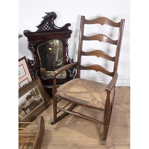 572 - A Victorian mahogany over mantle Mirror, two Prints, Plate Rack, oak Occasional Table, Sampler, carv... 